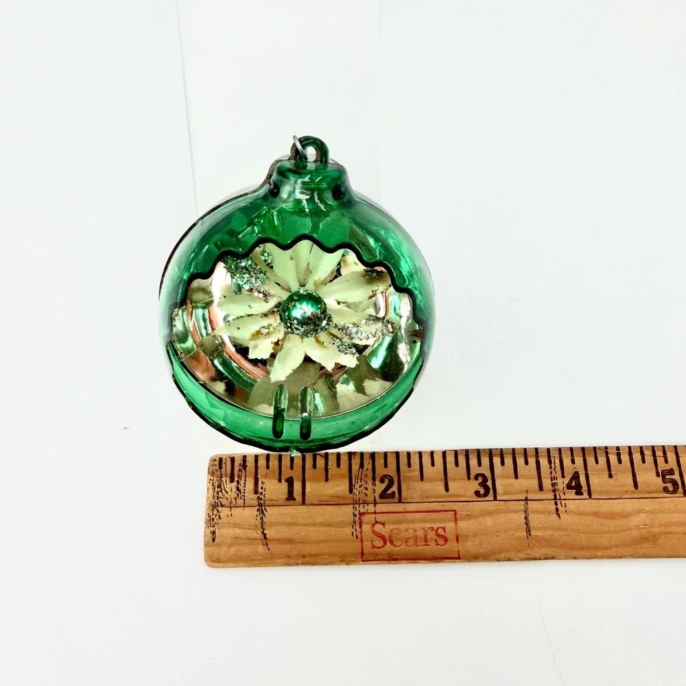 Jewelbrite Green Glass Diorama‎ Christmas Ornament Flower Indent Mid-Century